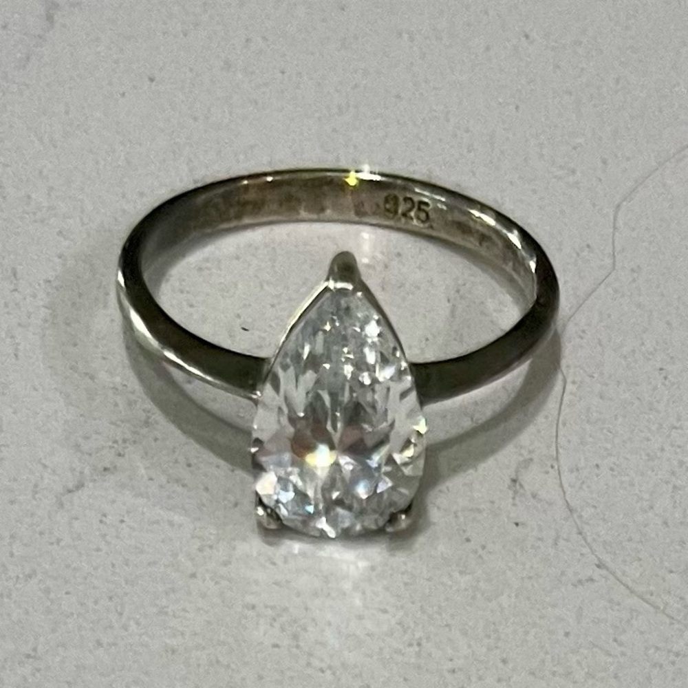 Vintage Sterling Silver Pear-Cut CZ Solitaire Ring Size 8.75